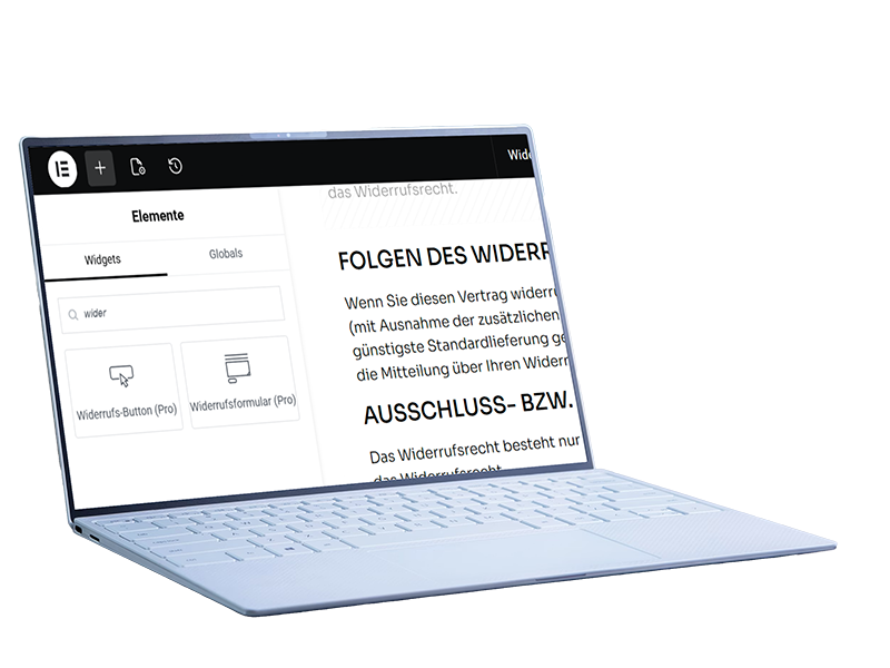 Elementor Widgets: Widerrufsbutton und Formular direkt als Elementor-Widget nutzbar.